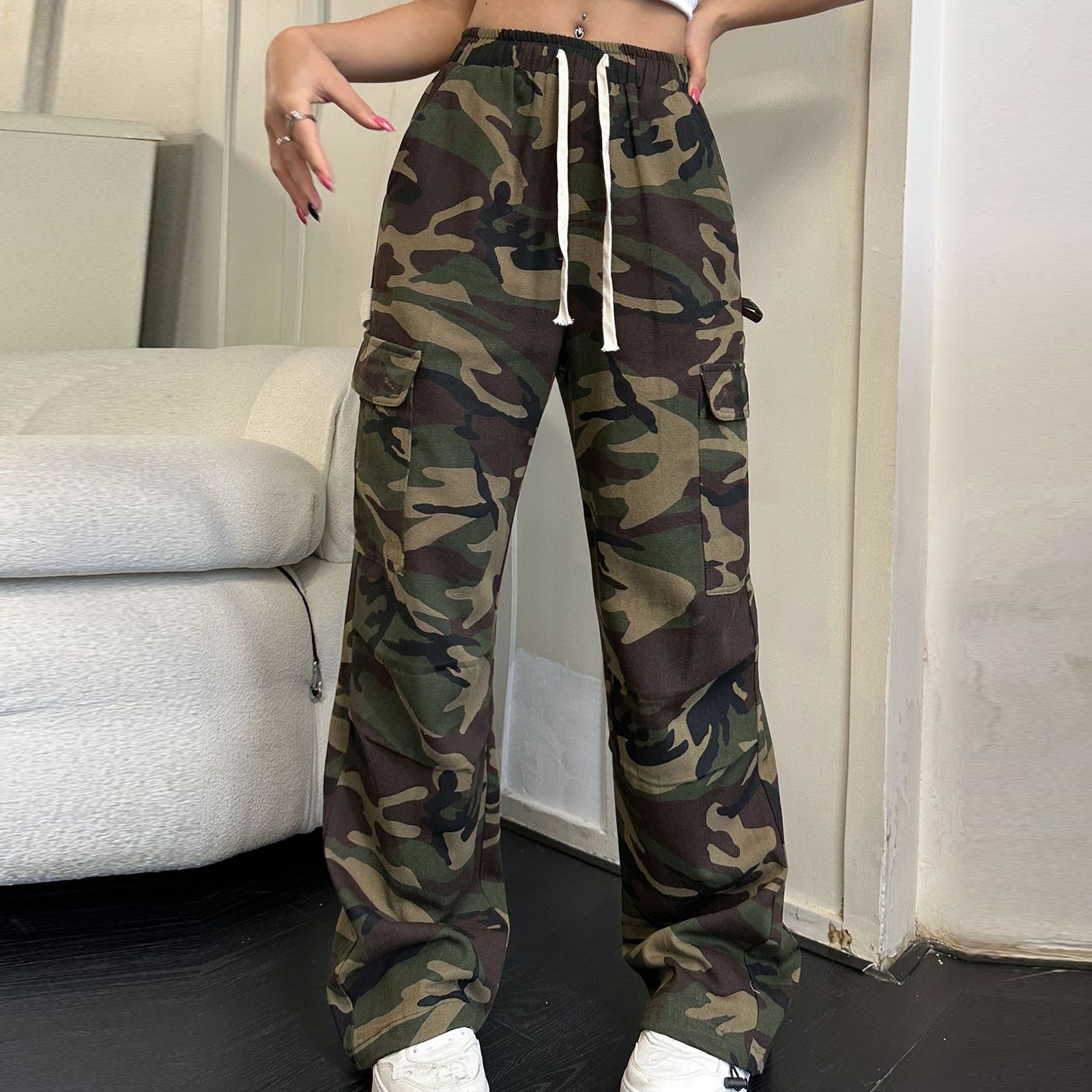 Jacenvly New Denim Pants for Women Long Pants Trendy Camouflage Elastic Waisted Cargo Jeans for Women Mid Waist Breathable Elastic Waisted Pocket Tie Front Army Green L